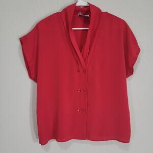 Vintage Red Blouse Greenwich Square Womens 12 V Neck Short Sleeve Office Dressy